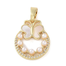 Brass Micro Pave Clear Cubic Zirconia Pendants, with ABS Imitation Pearl, Butterfly