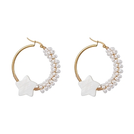 Brass Hoop Earrings, with Natural Shell Star & Glass Pearl Beaded