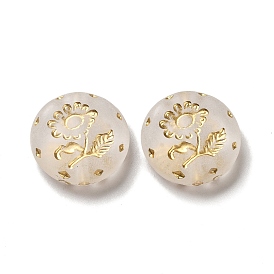 Transparent Plating Acrylic Beads, Golden Metal Enlaced, Flat Round with Flower, Frosted