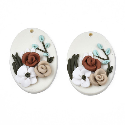 Handmade Polymer Clay Pendants, Oval with Rose Flower
