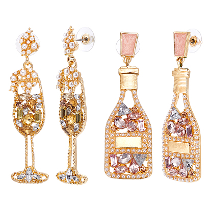 2 пары 2 стили серьги-гвоздики из сплава со стразами, шампанское и бокал
