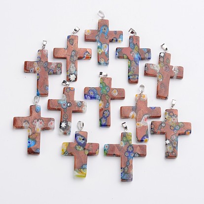Cross Handmade Millefiori Glass Pendants, with Platinum Tone Brass Findings, 42~46x29~33x4~6mm, Hole: 4x5mm