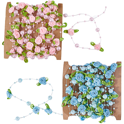 ABS Plastic Imitation Pearl Beaded Trim Garland Strand, with Polyester Ribbon Rose, for DIY Wedding Decoration