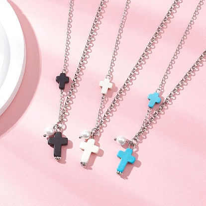 Ожерелья-цепочки Rolo для женщин с подвеской из латунного кабеля, синтетической бирюзы и круглого жемчуга, платина