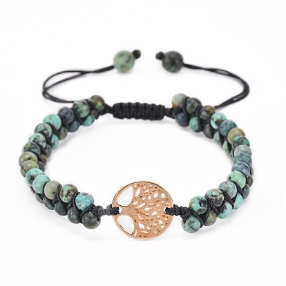 Natural Stone Double-layered 6mm Yoga Beaded Bracelet with Adjustable Tree of Life Pendant