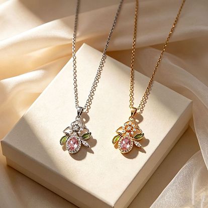 Brass Pave Pink Cubic Zirconia Flower Pendant 304 Stainless Steel Cable Chain Necklaces for Women
