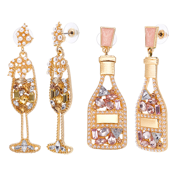 2 пары 2 стили серьги-гвоздики из сплава со стразами, шампанское и бокал