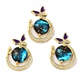 Rack Plating Brass Pave Clear Cubic Zirconia Pendants, Moon with Butterfly Charms with Epoxy Resin, Real 18K Gold Plated, Long-Lasting Plated, Cadmium Free & Lead Free