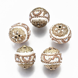 Handmade Indonesia Beads, with Crystal AB Rhinestone and Golden Tone Brass Findings, Round