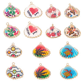 CHGCRAFT 14Pcs 7 Style Electroplate Printed Natural Scallop Shell Pendants, Sea Shell Pendants, with Golden Brass Loops