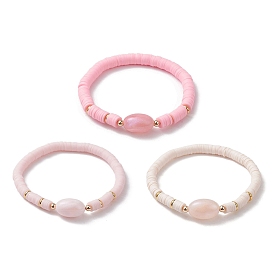 3 pcs 3 ensemble de bracelets extensibles de surfeur heishi en argile polymère de couleur, bracelets empilables ovales en acrylique