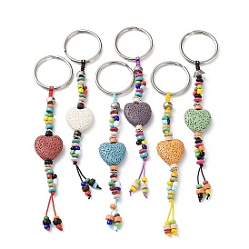 Heart Natural Lava Rock Beads Keychain, with Iron Ring and Alloy Findings