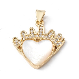 Rack Plating Brass Micro Pave Cubic Zirconia Pendants, with Shell, Long-Lasting Plated, Cadmium Free & Lead Free, Heart with Crown Charm