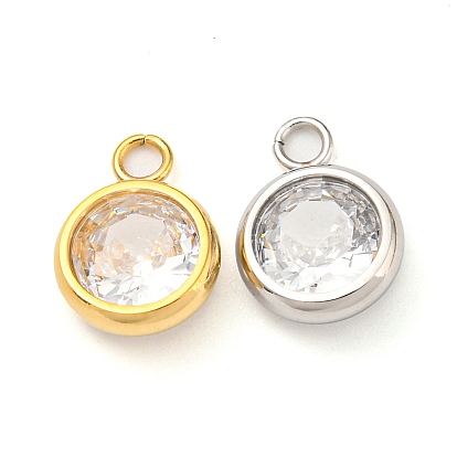304 Stainless Steel Charms, with Glass Rhinestone, Flat Round