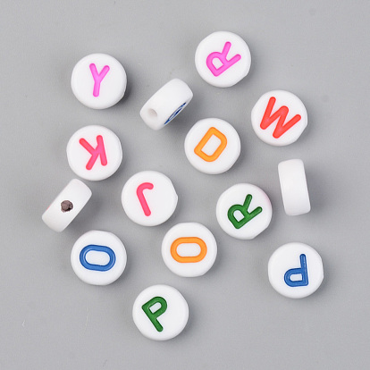 Opaque White Acrylic Beads, with Enamel, Horizontal Hole, Flat Round with Random Initial Letter