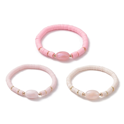 3Pcs 3 Color Polymer Clay Heishi Surfer Stretch Bracelets Set, Oval Acrylic Stackable Bracelets
