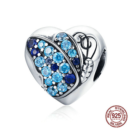 925 Sterling Silver European Beads, with Cubic Zirconia, Large Hole Beads, Heart with Butterfly
