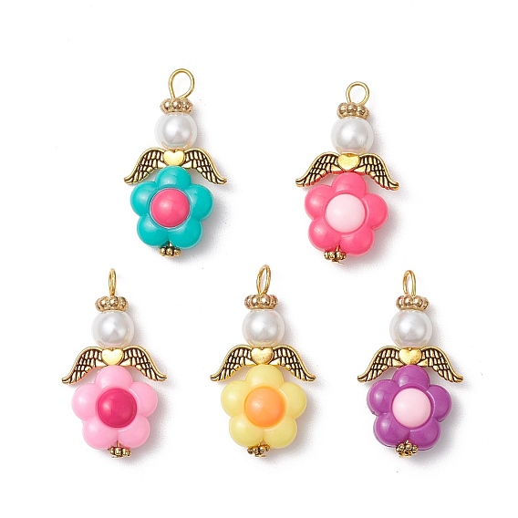 Акриловые подвески в виде ангелов, цветок, со стеклянным жемчугом и сплавом в тибетском стиле