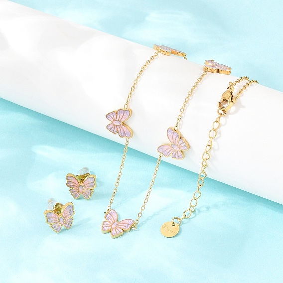 Бабочка 304 комплекты из ожерелий и серег-гвоздиков из нержавеющей стали с эмалью для женщин, ионное покрытие (ip)