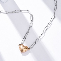Розовое Золото 304 двухсторонняя магнитная подвеска в форме сердца из нержавеющей стали с цепочкой-скрепкой, розовое золото , 18.31 дюйм (46.5 см)