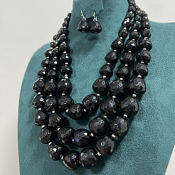 Черный Наборы из многослойных ожерелий и серег-подвесок из акрилового сплава с гранеными каплевидными бусинами, чёрные, 460 мм