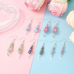 Серебро Натуральный кристалл кварца мотаться серьги, с латунной звездой и 201 луной из нержавеющей стали и 304 крючками для сережек из нержавеющей стали, серебряные, 52~67x7~76 мм