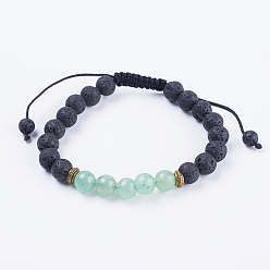 Зеленый Авантюрин Регулируемые нейлоновые шнур плетеный браслеты из бисера, с лавовой скалой, бусины из зеленого авантюрина и фурнитура из сплава, 2-1/8 дюйм (54 мм)