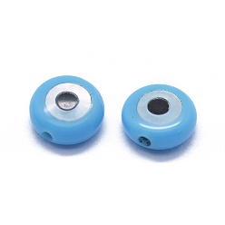 Deep Sky Blue Synthetic Turquoise Beads, with Shell, Flat Round with Evil Eye, Deep Sky Blue, 6x2mm, Hole: 0.6mm