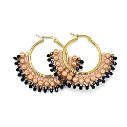 Фора Серьги из 304 нержавеющей стали, серьги-кольца с бусинами, со стеклянными бусинами, вентилятор, золотые, оранжевые, 40.5~42x48~48.5x4 мм