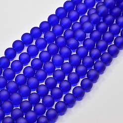 Blue Transparent Glass Bead Strands, Frosted, Round, Blue, 8mm, Hole: 1~1.6mm, about 99pcs/strand, 31.4 inch