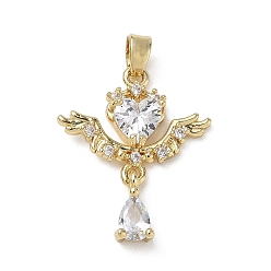 Oro Latón micro pavimenta claro colgantes de circonio cúbico, ala con dijes de corazón, dorado, 24x20x4.5 mm, agujero: 4x2 mm