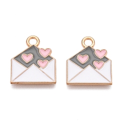 Pink Подвески из эмали и сплава, золотой свет, без свинца и без кадмия, конверт с подвеской в виде сердца, розовые, 16x14x1 мм, отверстие : 2 мм