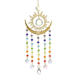 Golden Brass & 304 Stainless Steel Sun Moon Suncatchers, Glass Teardrop & Rondelle Charm for Outdoor Garden Wall Hanging Decor, Golden, 344mm