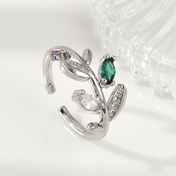 Платина Манжеты из латуни с микро паве кубический цирконий для женщин, без кадмия, без никеля и без свинца, лист, со стеклом, платина, 12 мм, внутренний диаметр: 17 мм