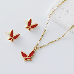 Red 304 Stainless Steel Enamel Butterfly Pendant Necklace & Stud Earrings Set for Women, Golden, Red, 450mm