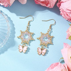 Pink Цветок с бабочкой 304 серьги-подвески из нержавеющей стали и стеклянных бусин, с нитью из нейлоновой проволоки, сплава и эмали, золотые, розовые, 57x24 мм