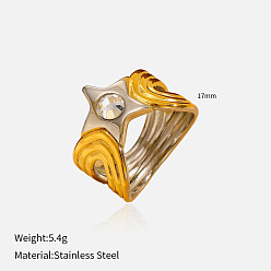 Золотой & Цвет Нержавеющей Стали 304 палец кольца из нержавеющей стали, с одиночным прозрачным кубическим цирконием, звезда, золотые и нержавеющая сталь цвет, размер США 8 (18.1 мм)