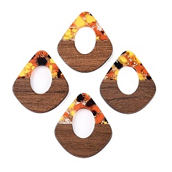 Желтый Подвески из прозрачной смолы и ореха, полые подвески-капли с золотой фольгой, желтые, 48x41x4 мм, отверстие : 2 мм