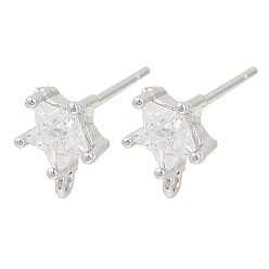 Звезда Латунные микро-паве прозрачные серьги-гвоздики из циркония, без кадмия, без никеля и без свинца, с петлей, платина, звезда, 9.5x7.5 мм, отверстие : 1.2 мм, штифты : 0.8x11.5 мм
