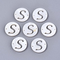 Letter S Natural Freshwater Shell Links Connectors, Flat Round with Letter, Letter.S, 14.5x1.5mm, Hole: 0.9mm