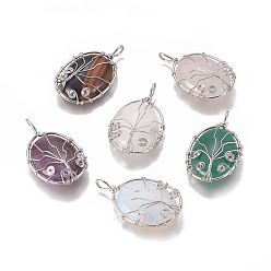Смешанные камни Природные и синтетические смешанные каменные подвески, с латунной фурнитурой , овальные с деревом, платина, 43.5x26x9 мм, отверстие : 5.5x4 мм