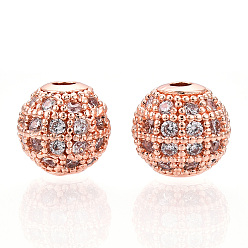 Rose Gold Rack Plating Brass Cubic Zirconia Beads, Long-Lasting Plated, Round, Rose Gold, 8x7mm, Hole: 2mm