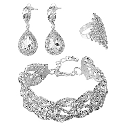 Платина Серьги-гвоздики в форме капли со стразами, браслет-цепочка и регулируемое кольцо в форме ромба, комплект украшений из латуни и сплава, платина, 52x20 мм, 7-1/2 дюйм (19 см), внутренний диаметр: 17 мм