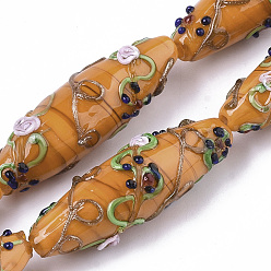 Темно-Оранжевый Ручной золотой песок бусины бисер нитей, неровный, рис с цветочным узором, темно-оранжевый, 45~47.5x14.5~15.5 мм, отверстие : 1.5 мм, около 10 шт / нитка, 17.72 дюйм