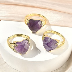Аметист Латунные манжеты с открытыми кольцами, с естественным аметист, сердце, граненые, стойки покрытие, долговечный, золотые, размер США 8 1/2 (18.5 мм)