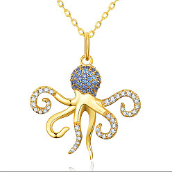 Plaqué 14K Or Véritable Colliers avec pendentif en argent sterling en forme de pieuvre, avec aaa grade zircone cubique, réel 925 k plaqué or, 14 pouces (15.75 cm)