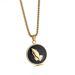 Золотой 304 ожерелья из нержавеющей стали, черные, плоские, круглые, с молящейся рукой, для мужчин, золотые, 23.62 дюйм (60 см)