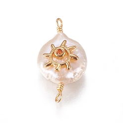 Темно-Оранжевый Соединители звеньев натурального жемчуга, с кубического циркония и латуни выводов, плоские круглые с солнцем, золотые, темно-оранжевый, 19~26x10~12x6~9 мм, отверстие : 1.6 мм