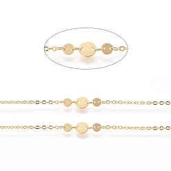 Настоящее золото 18K Латунная кабельная цепь, плоские цепочки с пайетками, долговечный, пайки, с катушкой, плоско-круглые, реальный 18 k позолоченный, 3x2x0.3 мм и 4x3x0.2 мм, плоские круглые: 4x0.5 мм & 6x0.5 мм, около 32.8 футов (10 м) / рулон