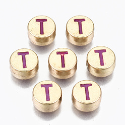 Letter T Legierung Emaille-Perlen, cadmiumfrei und bleifrei, flach rund mit Anfangsbuchstaben, Licht Gold, Orchidee, letter.t, 8x4 mm, Bohrung: 1.5 mm